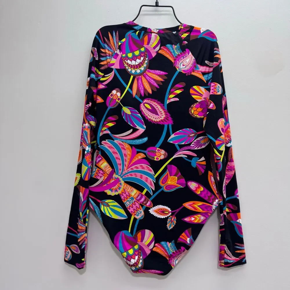 NWT Trina Turk Long Sleeve Zip Up Paddle Suit One Piece Swimsuit sz L Tropical
